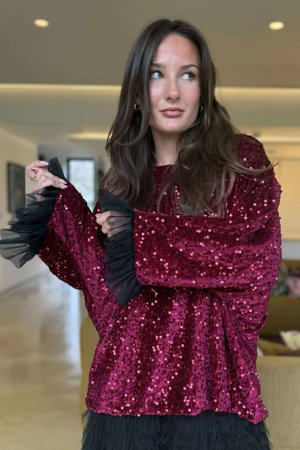 Vivie Velvet Sequin Top Burgundy